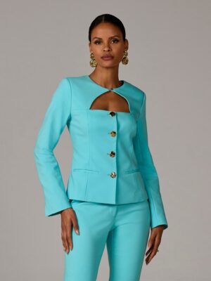 Modern Cutout Novelty Button Peplum Blazer Blue Radiance