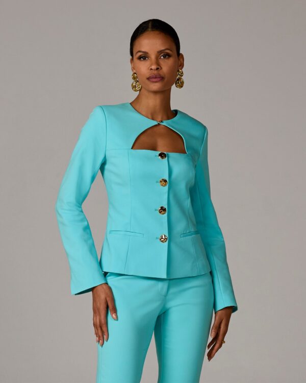 Modern Cutout Novelty Button Peplum Blazer Blue Radiance