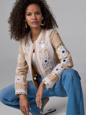 Mirror Embellished and Embroidered Linen Jacket Sesame