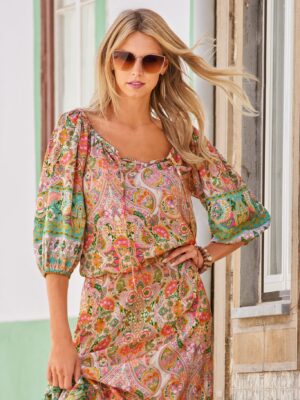 Boho Beach Club Print Blouson Blouse Multi