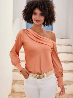 Amelia Shoulder Skimming Charmeuse Blouse Peach