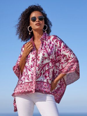 Bella Vita Border Print Roxy Poncho Charmeuse Blouse Pink Multi
