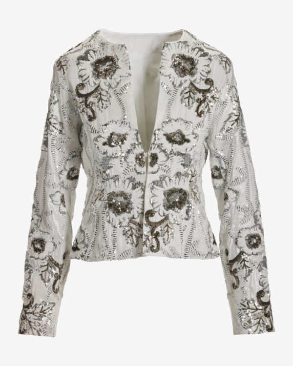 Floral Sequin Embellished Shimmer Linen Jacket White Silver - Image 2