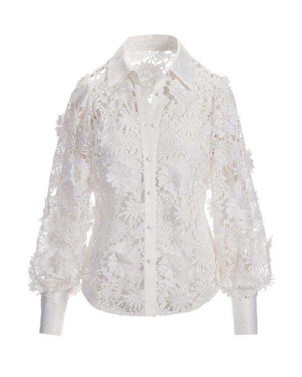 3D Floral Lace Victoria Chic Drama Sleeve Shirt White - Image 2