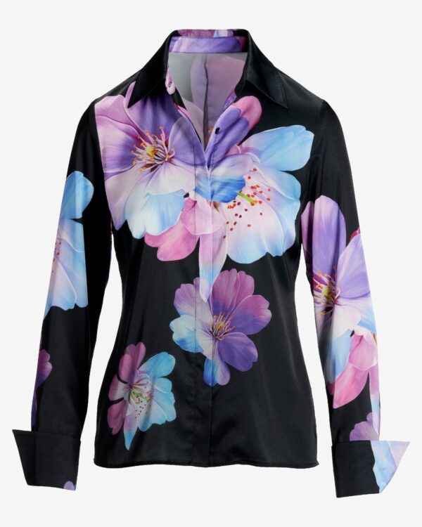 Bluebell Fleurs Print Sophia Button Up Charmeuse Blouse Purple - Image 2