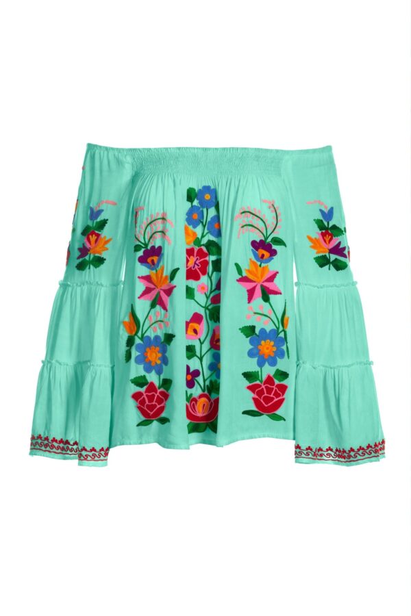 Bright Floral Embroidered Tiered Sleeve Off The Shoulder Blouse Mint Multi - Image 2