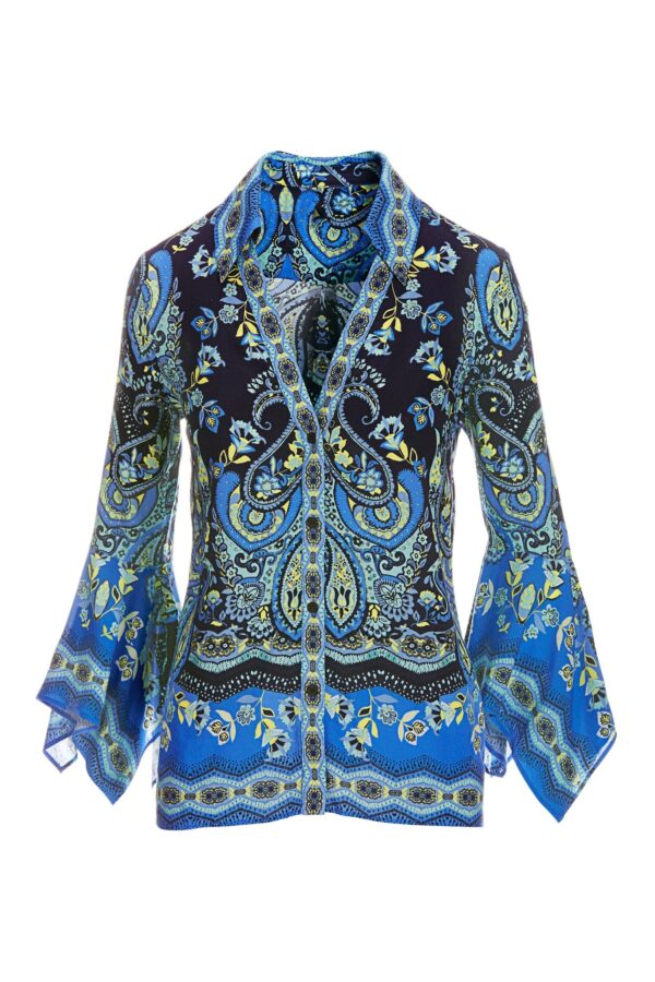 Border Print Flare Sleeve Shirt Blue - Image 2