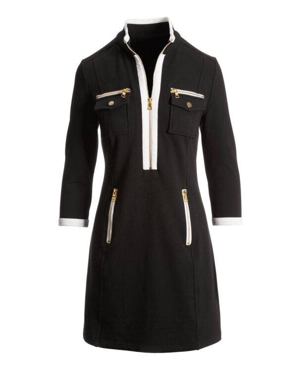 Three Quarter Sleeve Chic Zip Dress Black/White - Image 2