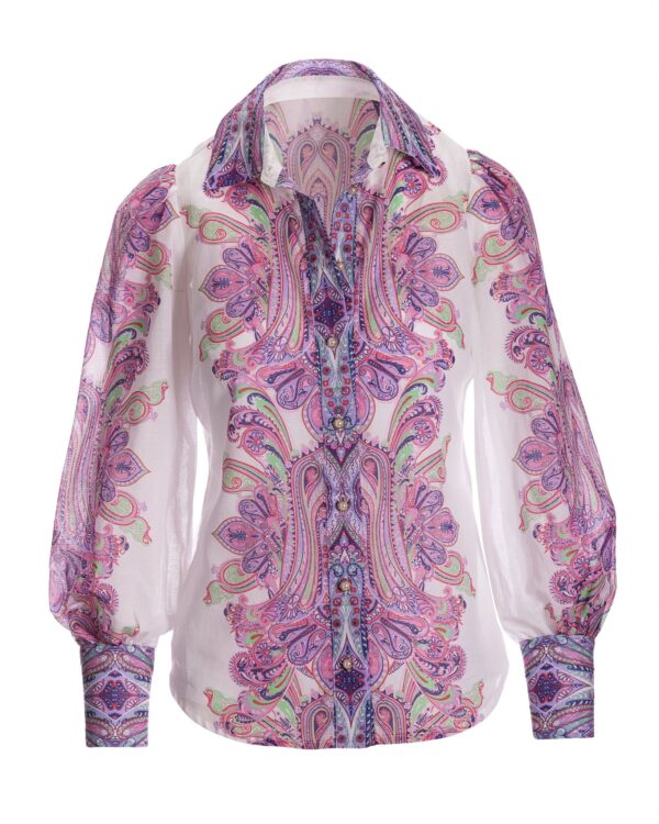 Boca Raton Paisley Print Textured Organza Victoria Drama Sleeve Shirt Lavender - Image 2
