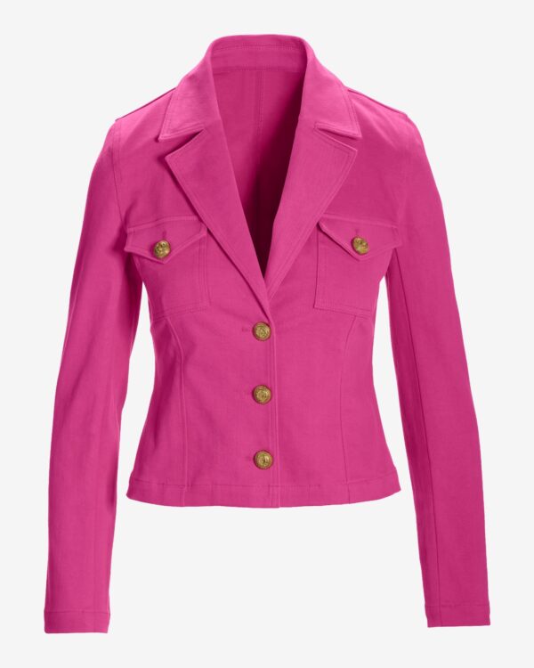 Modern Length Crest Button Luxe Denim Jacket Raspberry Rose - Image 2